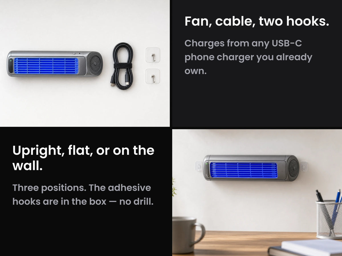 In the box: the fan, a USB-C cable and two adhesive hooks
