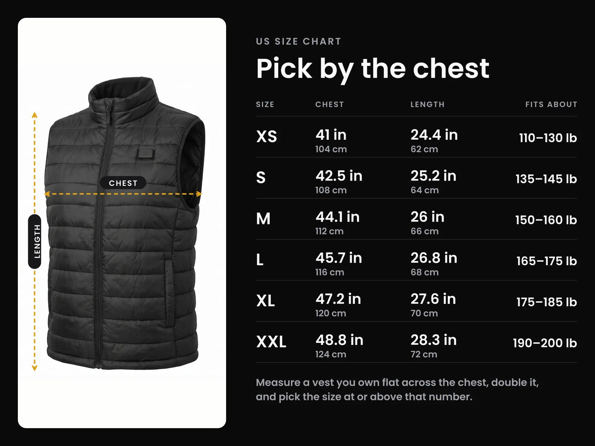 HeatGuard US size chart: XS to XXL by chest and length, in inches and centimetres
