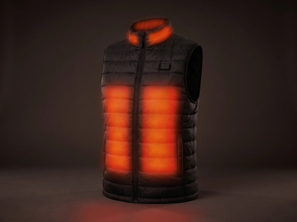 The black HeatGuard heated vest in a dark studio, its heated panels glowing red on both front sides and in the collar