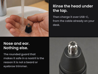 Mr. Bold Nose & Ear Hair Trimmer head rinsed in a palm under a tap, and a close-up of its slotted metal guard