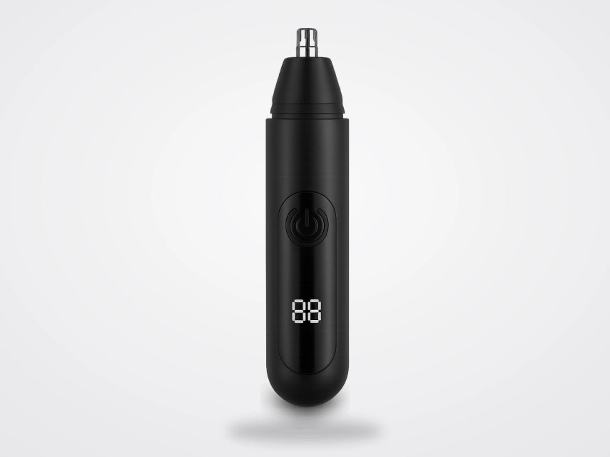 Mr. Bold Nose & Ear Hair Trimmer in black, standing upright with power button and digital display on a light gray backdrop