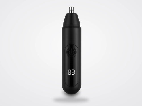 Mr. Bold Nose & Ear Hair Trimmer in black, standing upright with power button and digital display on a light gray backdrop