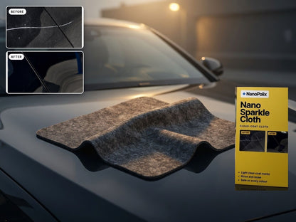 NanoPolix Nano Sparkle Cloth on a car hood, yellow box beside it, before and after a light clear-coat mark.