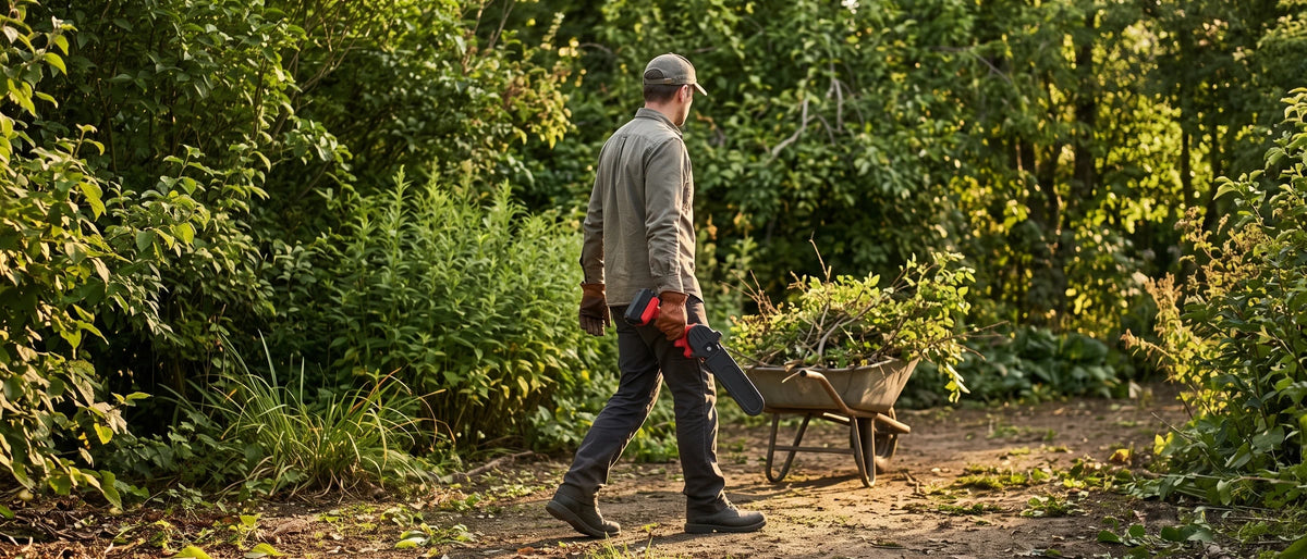 A person in work gloves carrying the red saw at their side by its handle along a garden path, a wheelbarrow of trimmed branches behind